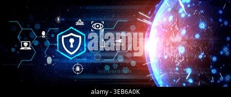 Abstract Digital Background Featuring Network Security Symbols, Global Connectivity, and Futuristic Technology Concepts in a Vibrant Cosmic Stock Photo