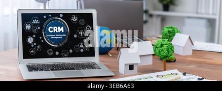 Customer relationship management system on brisk computer for CRM business and enterprise Stock Photo
