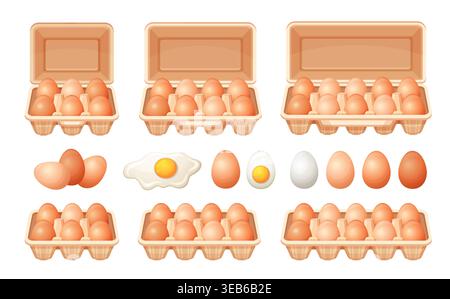 Chicken eggs cardboard box tray, hen eggshells storage package, fresh organic farm food product. Poultry shells in open cardbox pack container. Vector Stock Vector