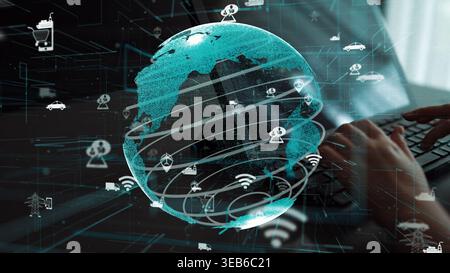Abstract representation of digital connectivity, showcasing a globe surrounded by technology icons, symbolizing modern communication and data flow Stock Photo