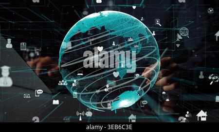 A captivating digital visualization of a globe surrounded by various icons, representing the essence of technology, connectivity, and modern Stock Photo