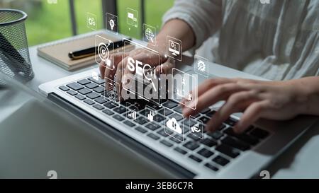 SEO concept for improving SEO visibility, with SEO related digital tools and SEO performance icons shown in an focused layout for strategic marketing Stock Photo