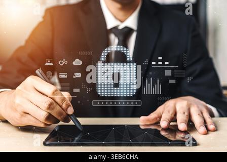 Cybersecurity protection system showing password encryption, fingerprint ID, cloud security, email, credit card, and database lock for secure data Stock Photo