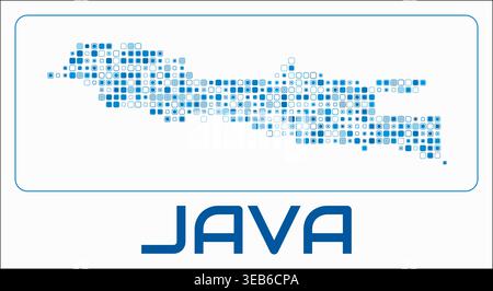 Java digital style map. Small rounded square dots on white background. Dotted shape of the island. Java map and title. Classy vector illustration. Stock Vector