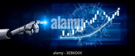 A robotic hand touches an interactive digital screen displaying stock market data and growth graphs, symbolizing advanced technology in finance Stock Photo
