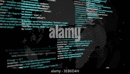 Displaying centered dotted globe with code block pulsing on dark screen with monospace highlights Stock Photo