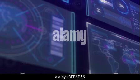 Displaying holo panels showing world map nodes at ops hub, circular gauge stacked bar and readouts Stock Photo