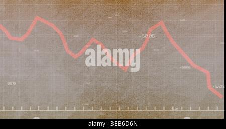 Displaying red jagged line graph dropping on aged beige grid, showing values, axis ticks and dots Stock Photo