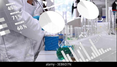 Pipetting tech handling pipette at lab bench, wearing white lab coat, blue gloves, HUD, copy space Stock Photo