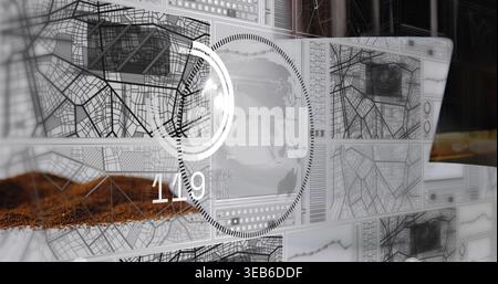 Displaying central circular HUD and world-map overlay on monitor station, with tiled map panels Stock Photo