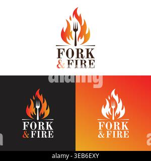 Fork and fire restaurant or cafe logo design featuring a combination of a fork and flame symbol representing cooking, heat, and delicious cuisine. Stock Vector
