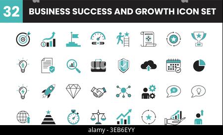32 business success and growth icon set, best for business goals, achievement, leadership, and business strategy Stock Vector