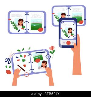 Vector illustration of a homemade travel album. A cartoon notebook for recording memories with flowers, leaves, and travel photos Stock Vector