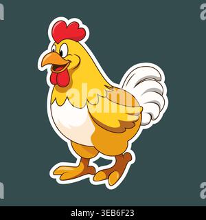 Cute cartoon chicken with red comb and white outline on dark background Stock Vector