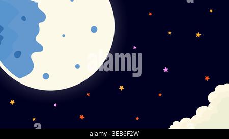 Cartoon blue moon with craters in starry night sky with white clouds. Night background. Stock Vector