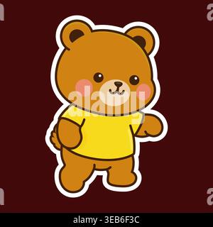 Cute brown cartoon bear wearing yellow shirt with white outline on dark background Stock Vector
