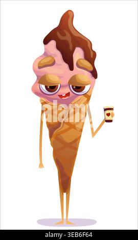 A cute, colorful ice cream cone with coffee in hand. Ice cream, cone, sweetness, character, coffee, satisfaction, calm Stock Vector