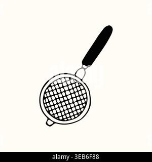 A minimalist hand drawn vector illustration of a kitchen strainer or sieve. This clean line art icon works perfectly for cooking tutorials and Stock Vector
