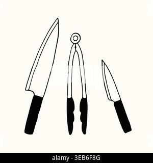 Hand drawn vector illustrations of a chef knife and kitchen tongs. This professional cutlery set in a minimalist line art style is ideal for Stock Vector