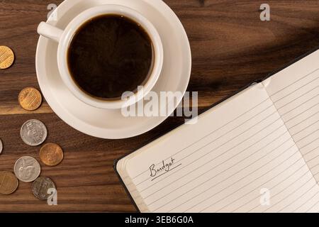 Open Notebook with “Budget” Written on Page, Coins and Coffee – Personal Finance Concept Stock Photo