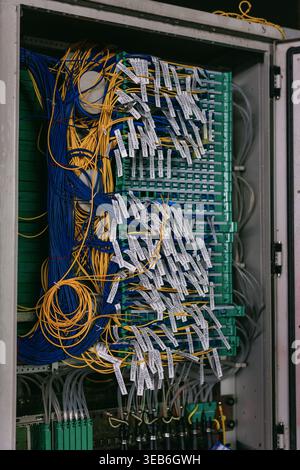 Server rack interior with organized blue and yellow network cables, patch panels, and fiber optic Stock Photo