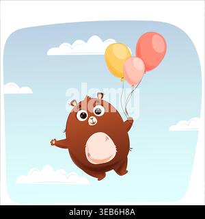 Cute vector bear flying on a hot air balloon. Suitable for templates, advertising, holidays, cards, and stationery Stock Vector