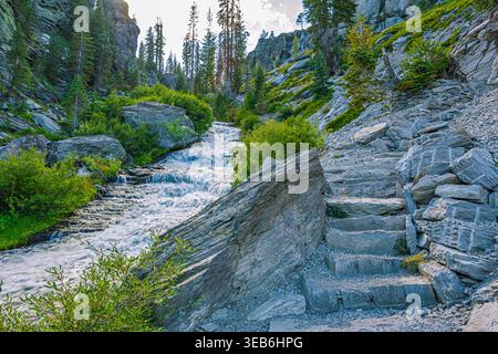 Rustic stone stair steps ascend alongside a fast-flowing mountain cascade through granite boulders and green shrubs on a hiking trail in Lassen NP, CA Stock Photo