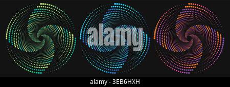 Set of three abstract circular halftone spiral vortexes with cool blue and purple gradients, geometric radial swirl design elements on black backgroun Stock Vector
