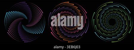 Set of three abstract circular halftone vortex patterns with multicolored gradients, geometric spiral swirl and radial design elements on black backgr Stock Vector