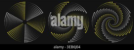 Set of three abstract circular halftone spiral patterns with yellow and white gradients, geometric radial vortex and swirl elements on black backgroun Stock Vector