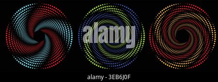 Set of three abstract circular halftone swirl patterns with vibrant gradients, geometric spiral vortex design elements on black background Stock Vector