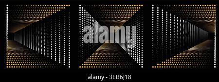Set of three abstract gold halftone square tunnel backgrounds, geometric perspective perspective corridor with golden gradient dots on black Stock Vector