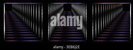 Set of three abstract halftone square tunnel backgrounds with purple and white gradients, geometric perspective corridor on black background Stock Vector