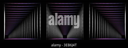 Set of three abstract halftone square tunnel backgrounds with purple and white gradients, geometric perspective corridor on black background Stock Vector