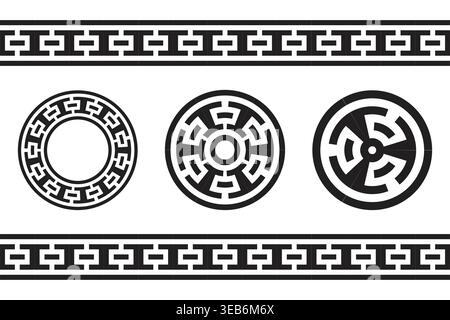 Greek key meander pattern vector collection features classic geometric borders and circular designs for decorative use Stock Vector