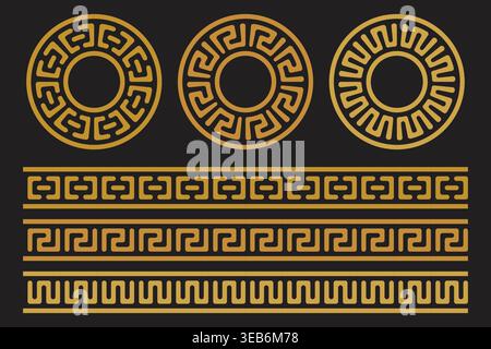 Golden geometric meander patterns and borders set offers elegant design elements This classic golden ornamental collection is ideal for luxury backgro Stock Vector