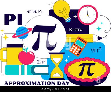 Pi Approximation Day Vector Illustration Featuring Mathematics Concepts With Pi Symbol, Numbers, Calculator, Education Elements, And Baked Sweet Pie Stock Vector