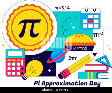 Pi Approximation Day Vector Illustration Featuring Mathematics Concepts With Pi Symbol, Numbers, Calculator, Education Elements, And Baked Sweet Pie Stock Vector