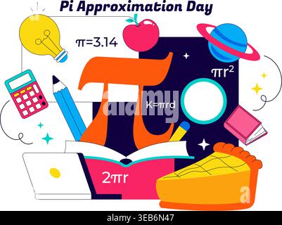 Pi Approximation Day Vector Illustration Featuring Mathematics Concepts With Pi Symbol, Numbers, Calculator, Education Elements, And Baked Sweet Pie Stock Vector