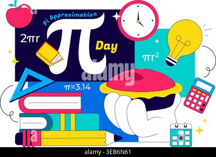 Pi Approximation Day Vector Illustration Featuring Mathematics Concepts With Pi Symbol, Numbers, Calculator, Education Elements, And Baked Sweet Pie Stock Vector