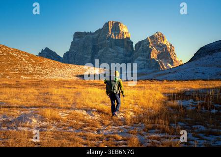 View of a hiker walking through golden alpine meadows towards the sunlit peaks of the Dolomites in Trentino-South Tyrol, Italy. Stock Photo