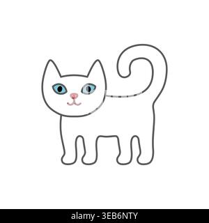Cute white cat icon in simple minimal cartoon style with bright blue eyes. Clean flat design with bold outline, perfect for stickers, icons, kids desi Stock Vector
