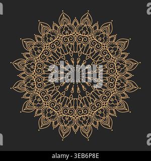 Elegant golden mandala ornament on dark background. Detailed circular floral pattern with thin decorative lines and symmetrical geometry. Luxury style Stock Vector