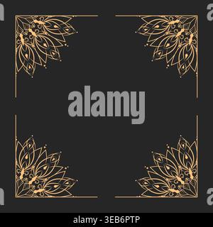 Elegant golden corner frame composed of mandala ornament elements on dark background. Decorative border with four ornate corners and symmetrical flora Stock Vector