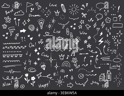 Large collection of hand drawn doodle elements in white color on dark background. Includes arrows hearts stars speech bubbles icons lines symbols and Stock Vector
