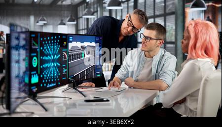Diverse Team Of Analysts Monitors AI Clusters Using Immersive 3D Tools. Stock Photo