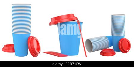 Set of takeaway coffee cups with plastic lids, stirrers, and sugar sachets isolated on white background. Concept of beverage service Stock Photo