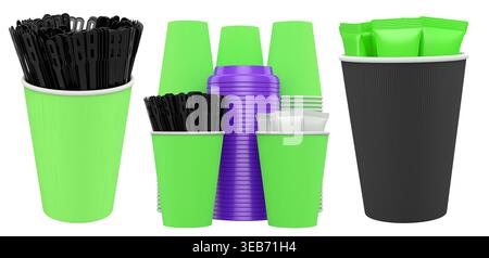 Set of takeaway coffee cups with plastic lids, stirrers, and sugar sachets isolated on white background. Concept of beverage service Stock Photo
