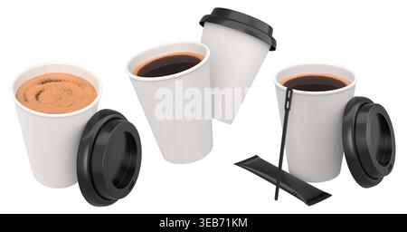 Set of takeaway coffee cups with plastic lids, stirrers, and sugar sachets isolated on white background. Concept of beverage service Stock Photo