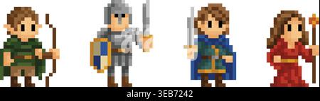 Adventurer Classes Fantasy Pixel Art Cartoon Set Stock Vector